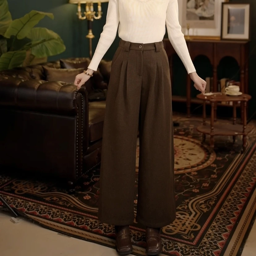 琦琦【煮茶】港风复古纯色休闲长裤高腰裤YS1114102