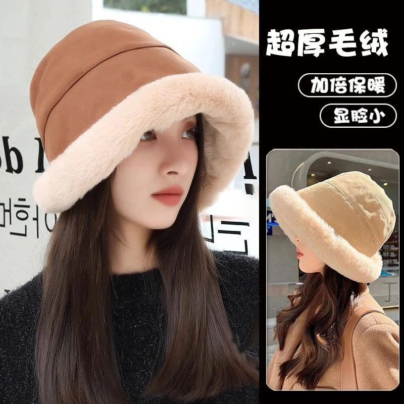 秋冬时尚蒙古帽加绒羊羔毛渔夫帽休闲超厚保暖毛绒盆帽显脸小帽子