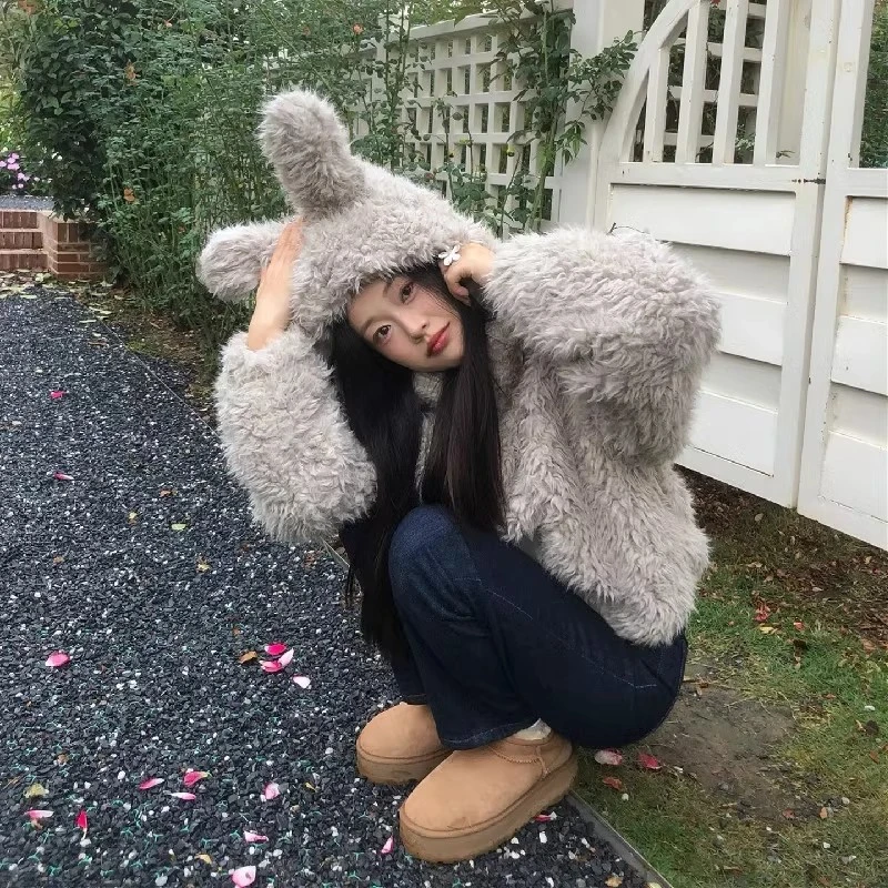 2024年冬季新款内里加棉加厚圈圈毛兔耳朵外套慵懒感南方一件过冬