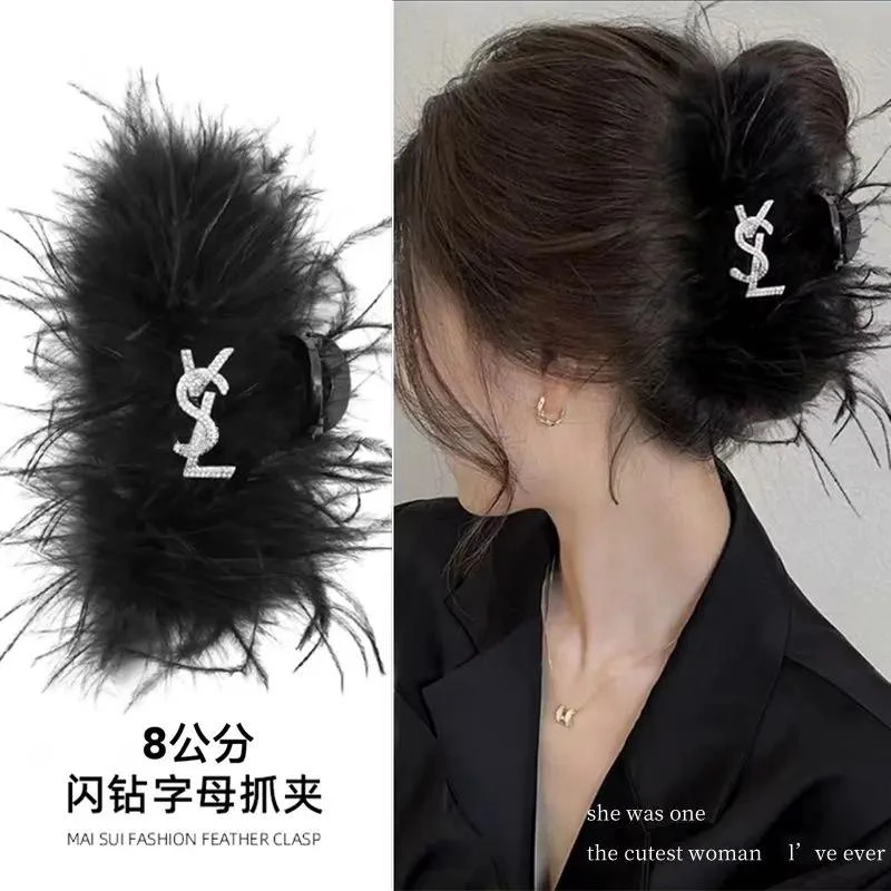黑色大号ins风羽毛发夹女高级感后脑勺抓夹鸵鸟毛毛鲨鱼夹子头饰