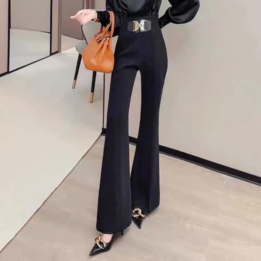 637#新款简约垂感高腰显瘦气质百搭修身复古时尚黑色弹力喇叭裤