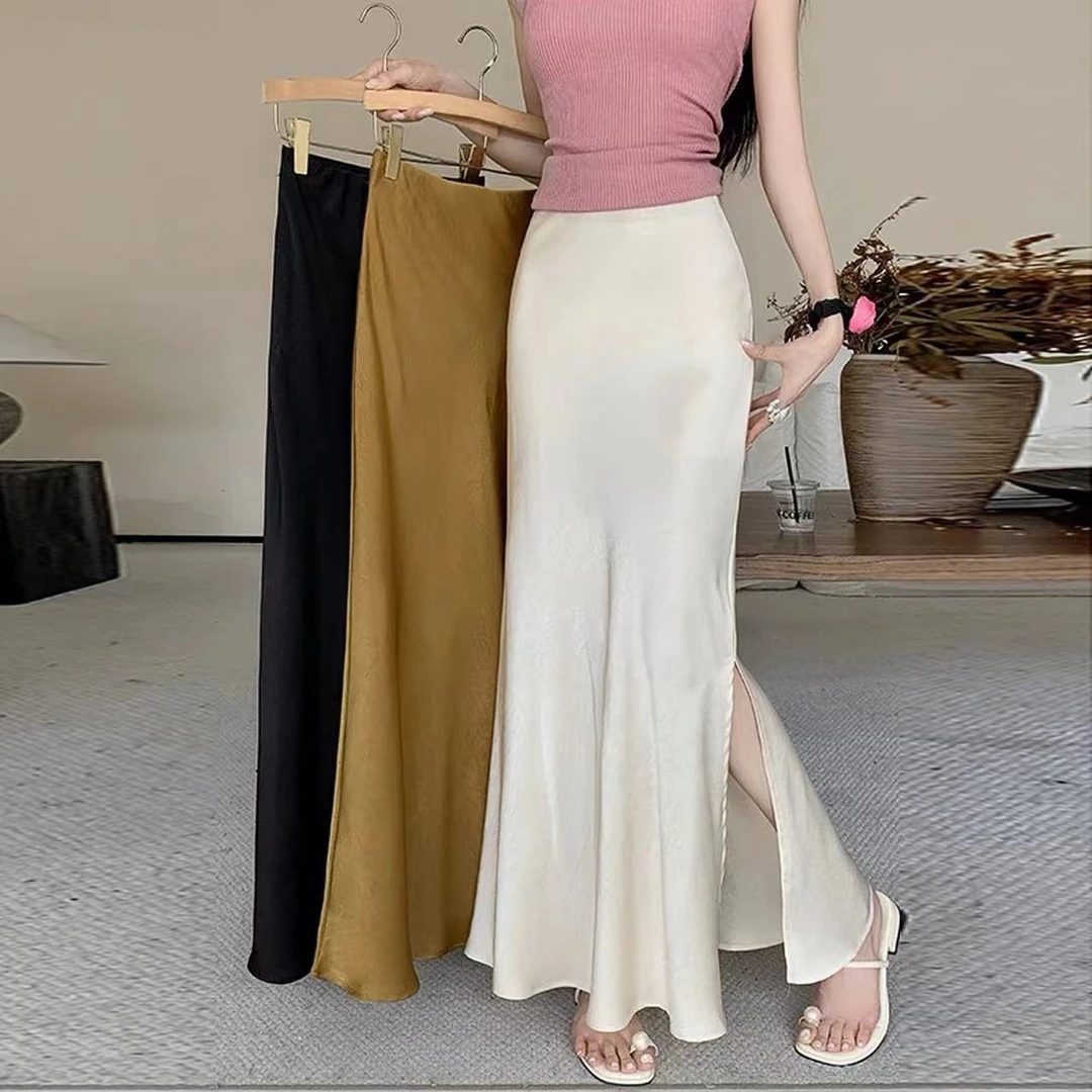 开叉垂感缎面修身半裙女夏高腰显瘦气质百搭包臀鱼尾半身裙6618#