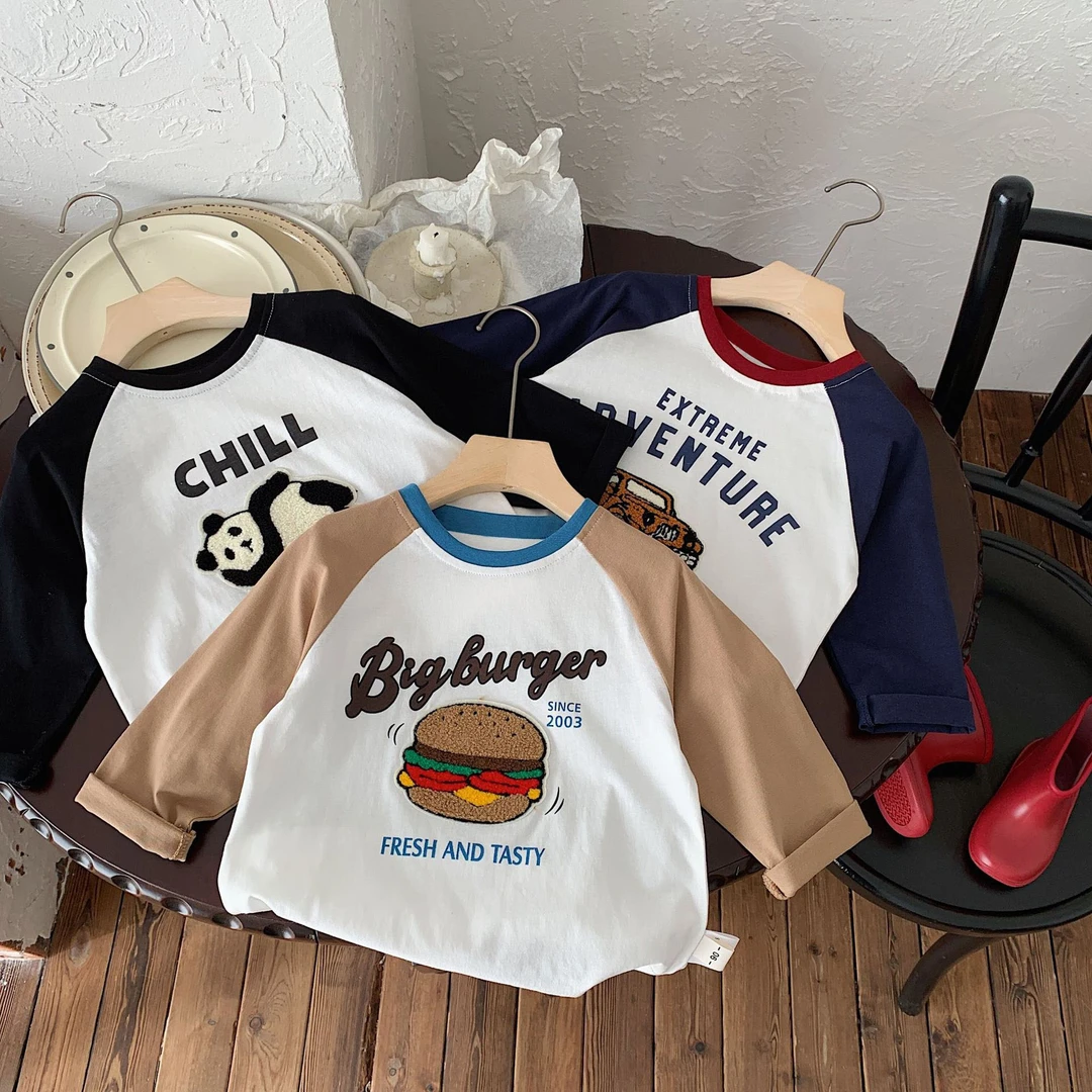 儿童长袖T恤打底男童女童洋气卡通2025宝宝新款撞色纯棉休闲上衣