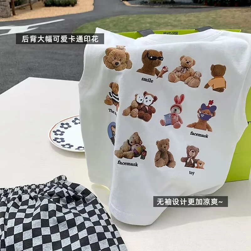 夏装纯棉宝宝背心2024新款卡通小熊无袖男女童宝宝上衣圆领上衣潮