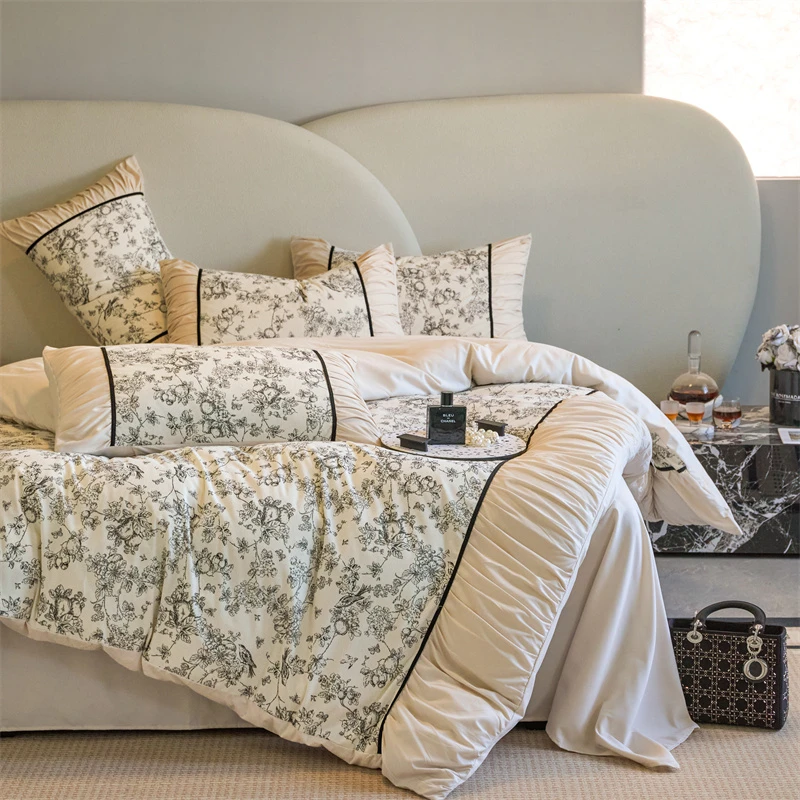 2024秋冬新款法式复古印花褶皱花边水洗磨毛四件套家用床上用品
