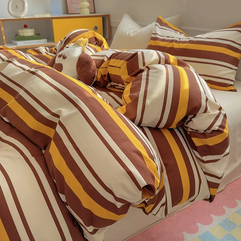 ins条纹美拉德亲肤单人柔软水洗磨毛风简约斜纹条纹格子三件套