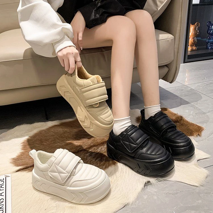 洋气加绒面包鞋女秋冬新款二棉厚底百搭休闲复古魔术贴小白鞋网红