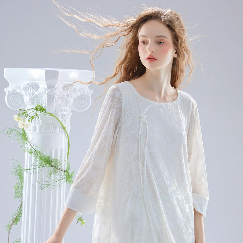 尘熙2024秋冬丝绒烧花七分袖国风睡衣女套装中国风时尚高档家居服