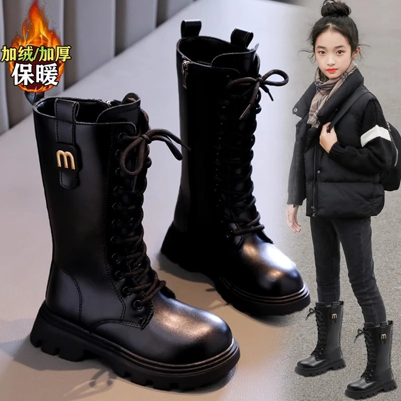 ABC女童靴子皮靴2024新款冬季儿童黑色马丁靴女孩加绒保暖高筒靴