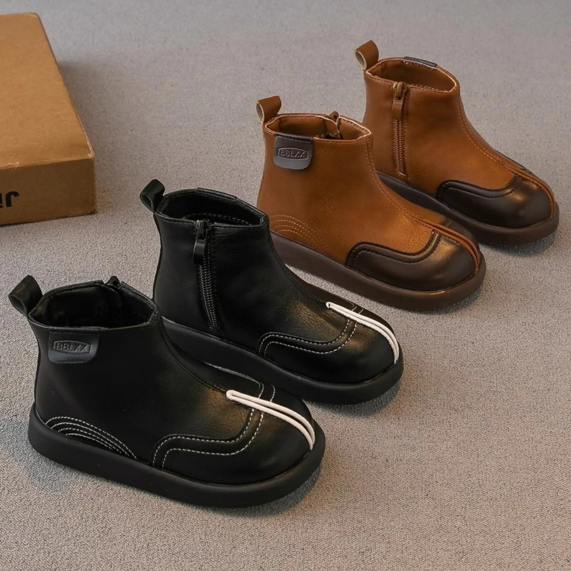 ABC儿童马丁靴2024冬季新款男童鞋子女童靴子二棉加绒女宝宝皮靴