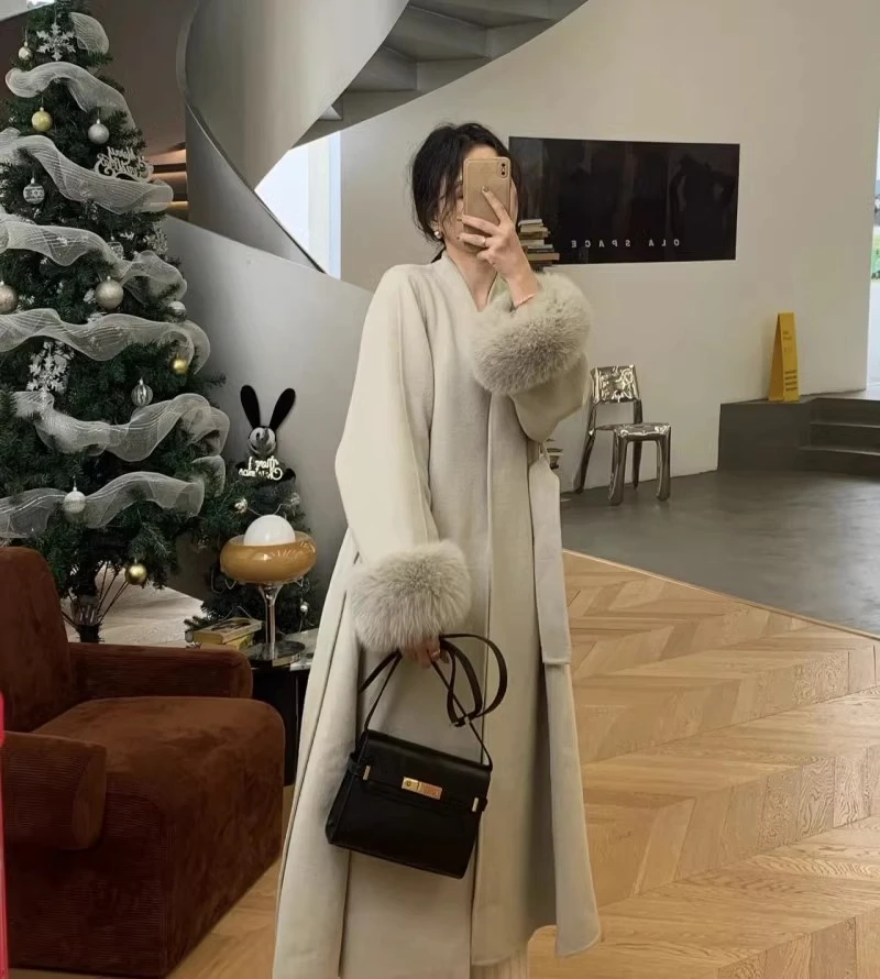 高级感中长款大衣2024秋冬款时尚气质毛毛袖设计师轻奢毛呢外套女