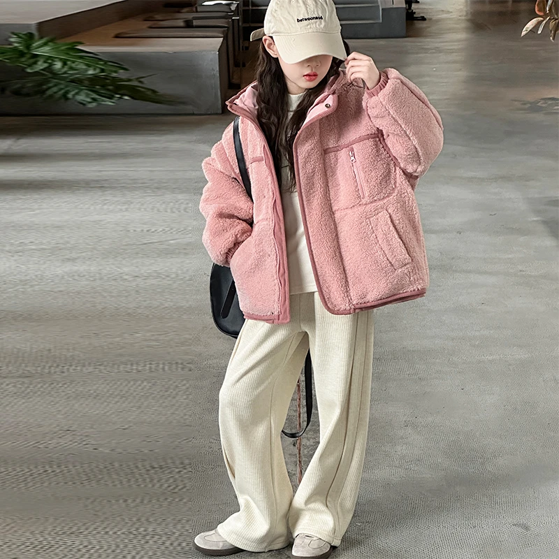 女童外套秋冬款2024新款儿童冬装羊羔绒上衣女大童夹棉加厚毛毛衣