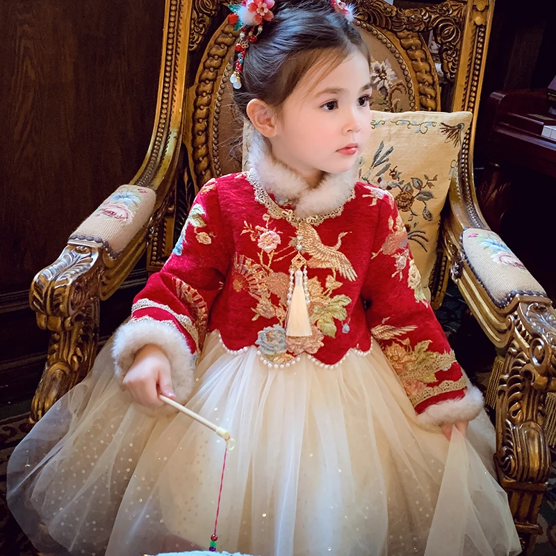 【现货】米米哈罗女童冬款加绒新中式网纱连衣裙旗袍裙D240144