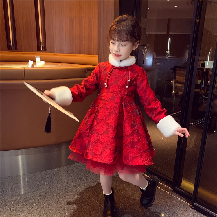【现货】米米哈罗女童中国风红色拜年服儿童冬款连衣裙M87520