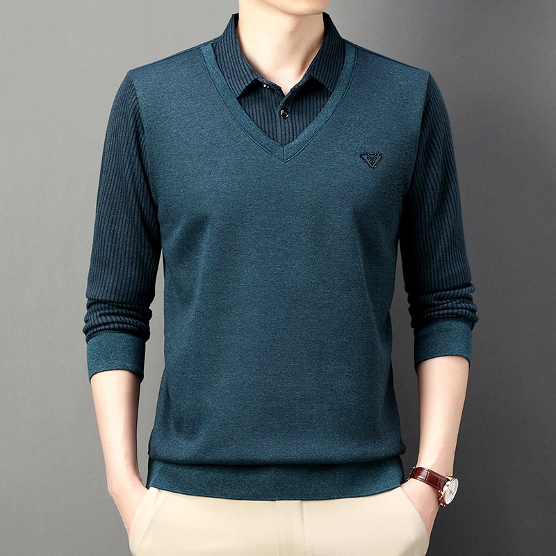 2024秋季新款假两件翻领男士长袖T恤商务休闲百搭宽松舒适POLO衫