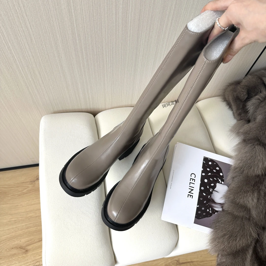 珂珂【大象灰】6cm跟 小个子V口轻奢长靴瘦瘦靴圆头长筒靴厚底