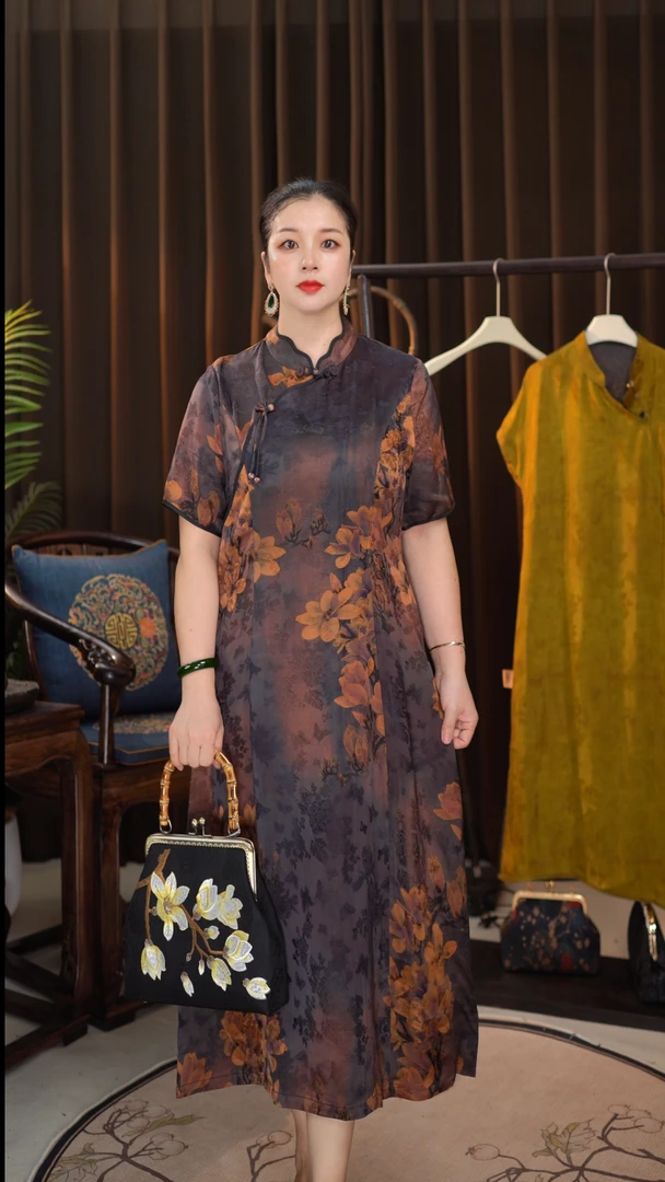 海兰-【玉兰花】夏季新中式国风妈妈气质显瘦优雅时尚宽松连衣裙