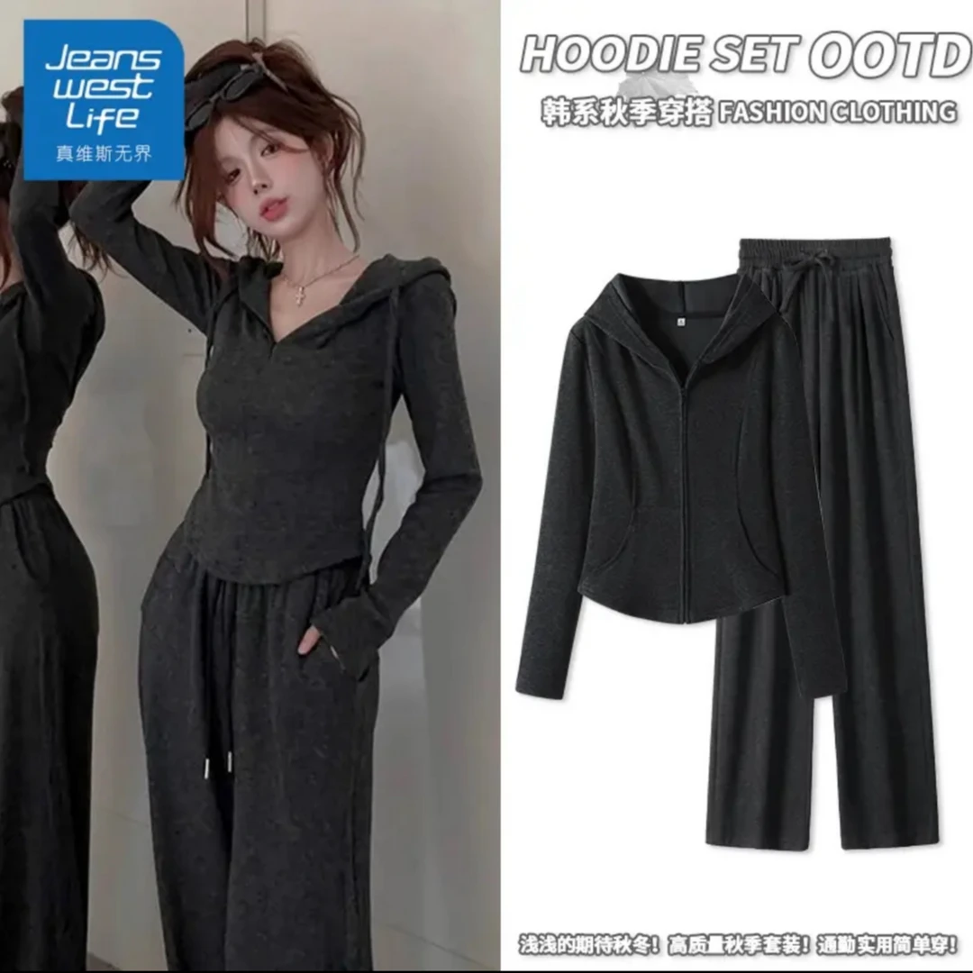 真维斯无界仿羊绒连帽修身开衫搭配糯米裤2025秋季新款韩系套装