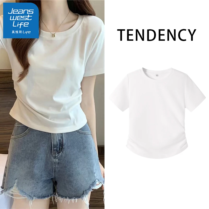 真维斯无界白色ins短款T恤女高腰设计感清凉显瘦遮肚子欧若风穿搭