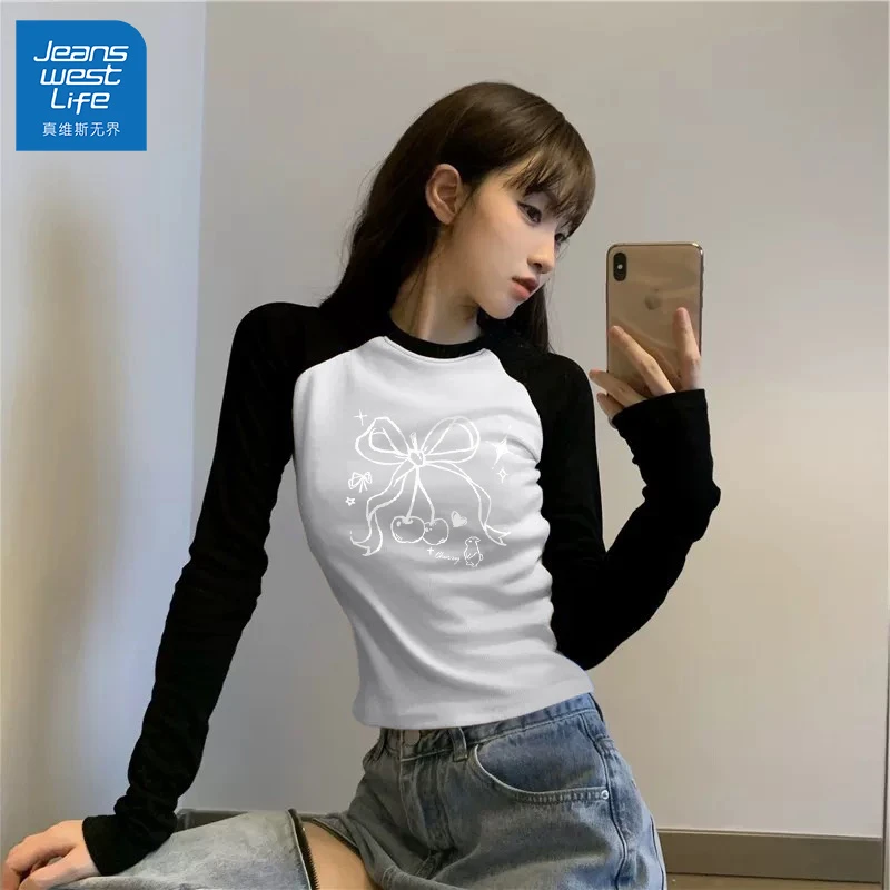 真维斯无界美式复古插肩袖T恤秋冬款女款2024新款休闲拼接圆领长