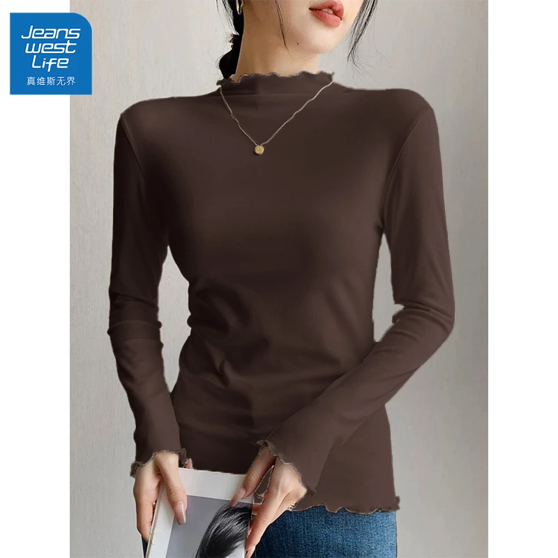 真维斯无界深咖色木耳边打底衫女秋季新款百搭气质修身内搭上衣