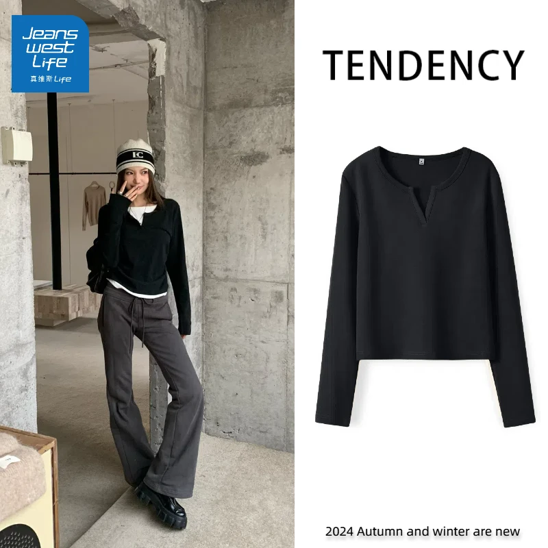 真维斯无界2025年新款女装小v领黑色长袖t恤女打底衫女内搭上衣潮