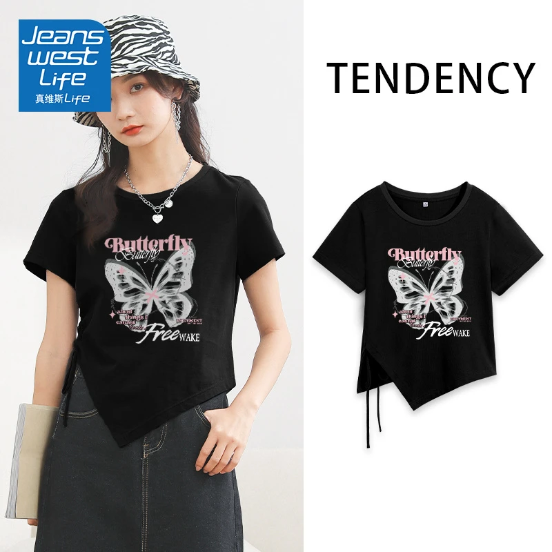 真维斯LIFE圆领不规则抽绳短袖t恤女款2025夏季爆款时尚印花打底