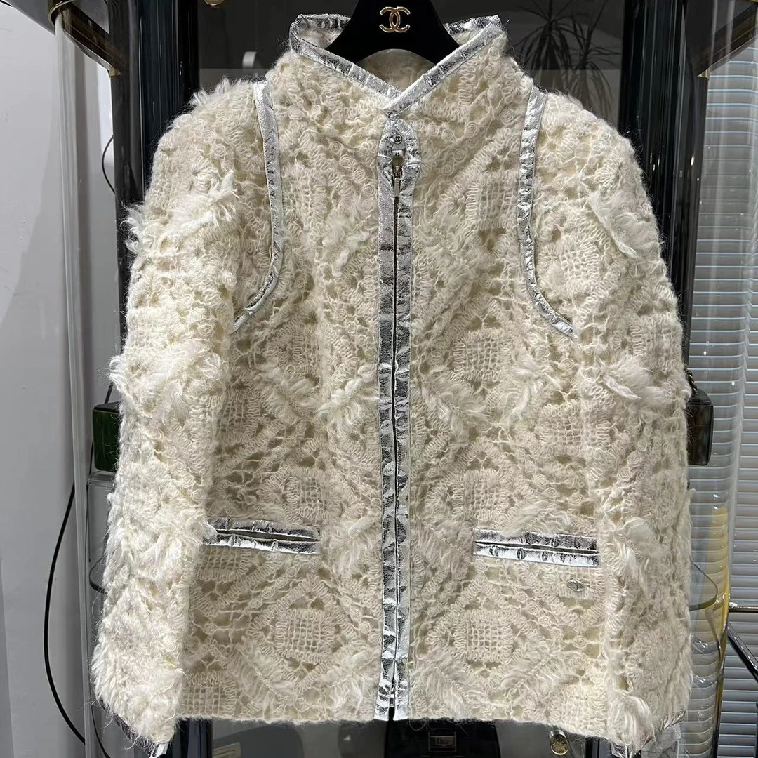 95新 Chanel/香奈儿 17K 地控中心米色构织银色包边元素外套 42码