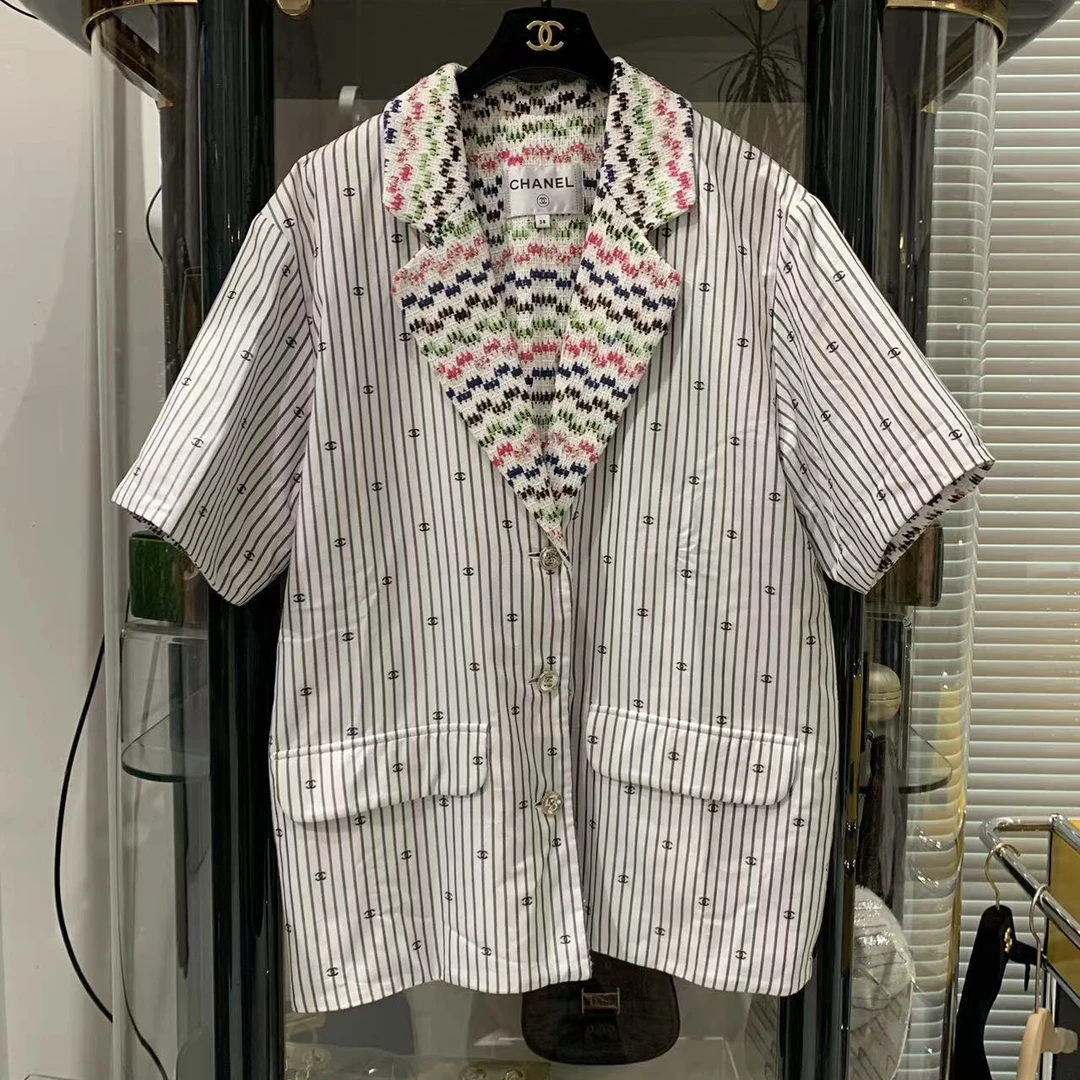 95新  Chanel21S 黑白条纹满天星短袖38码 两面都可以穿