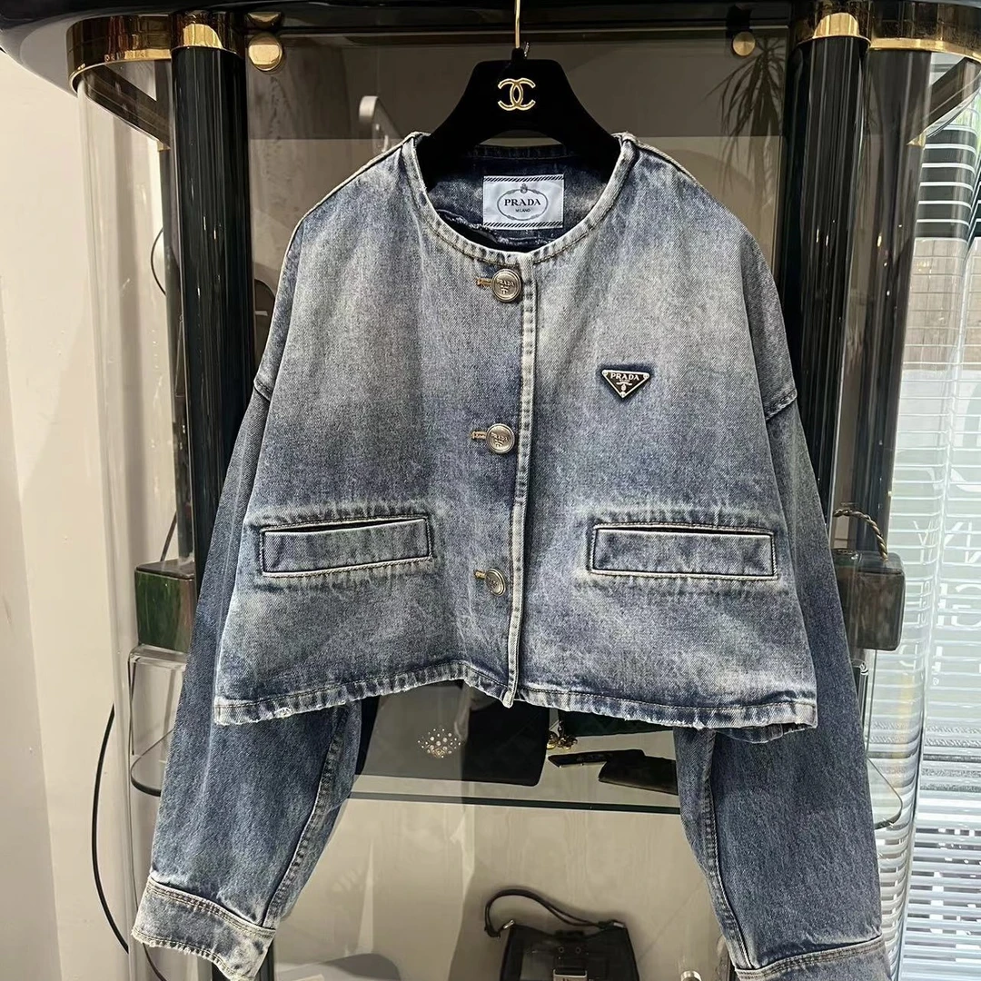 95新 Prada/普拉达 蓝色牛仔圆领两口袋外套40码