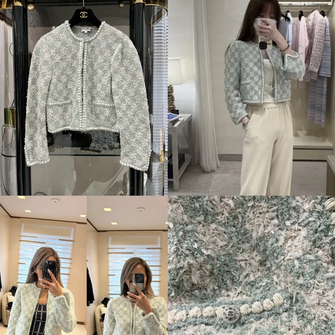 95新 Chanel/香奈儿 Chanel 23S 薄荷绿 拼白色 千鸟格 外套 34码
