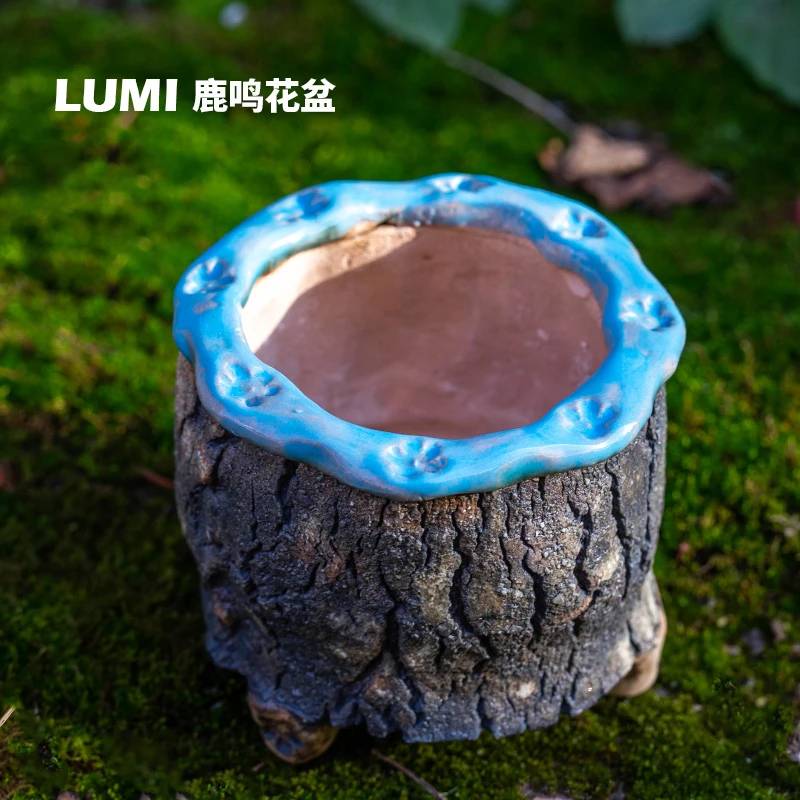 鹿鸣 东篱树皮印章大口径小老桩粗陶透气田园风古朴中式多肉花盆