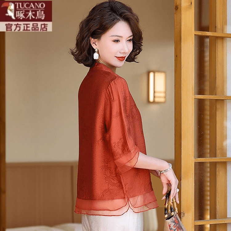 中老年女装夏季衬衫中式T恤套装外穿中年薄款上衣妈妈国风两件套