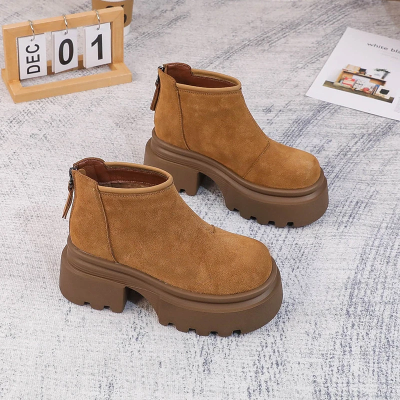 【增高7CM】牛皮雪地靴女厚底防滑防水加绒加厚短靴冬季保暖毛毛鞋