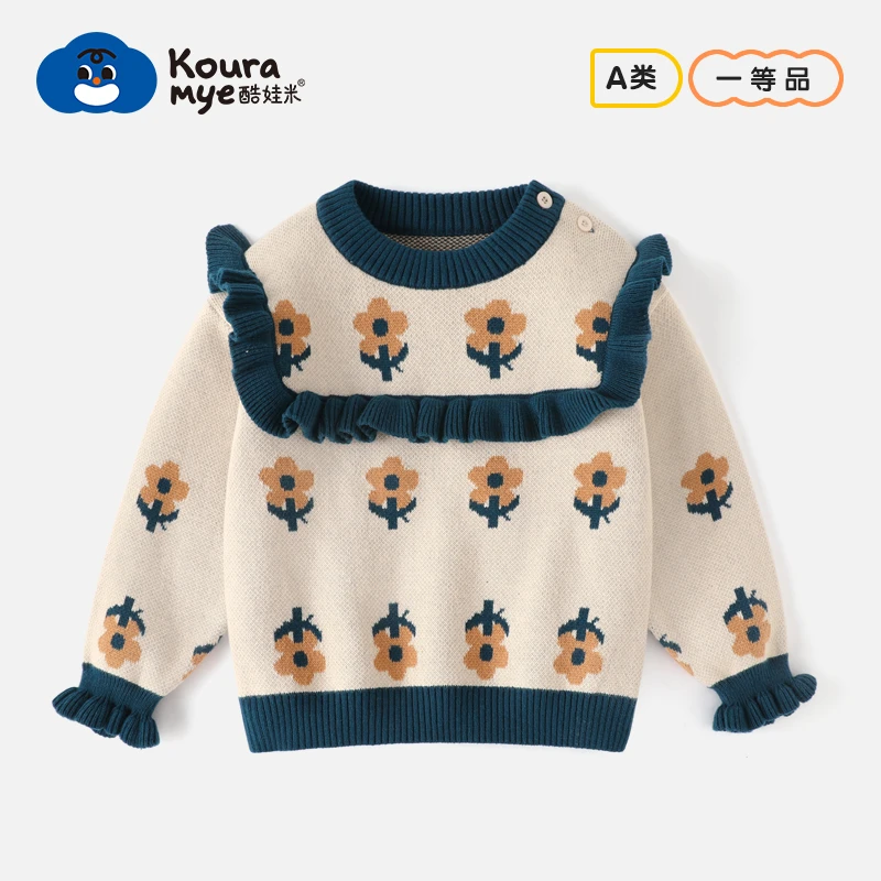 酷娃米秋款大上新中小女童时尚韩版花边花朵圆领儿童针织衣4443
