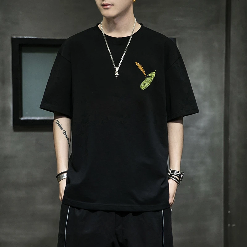 夏季韩版羽毛刺绣短袖T恤男潮牌体恤衫2024新款ins潮流百搭上衣男