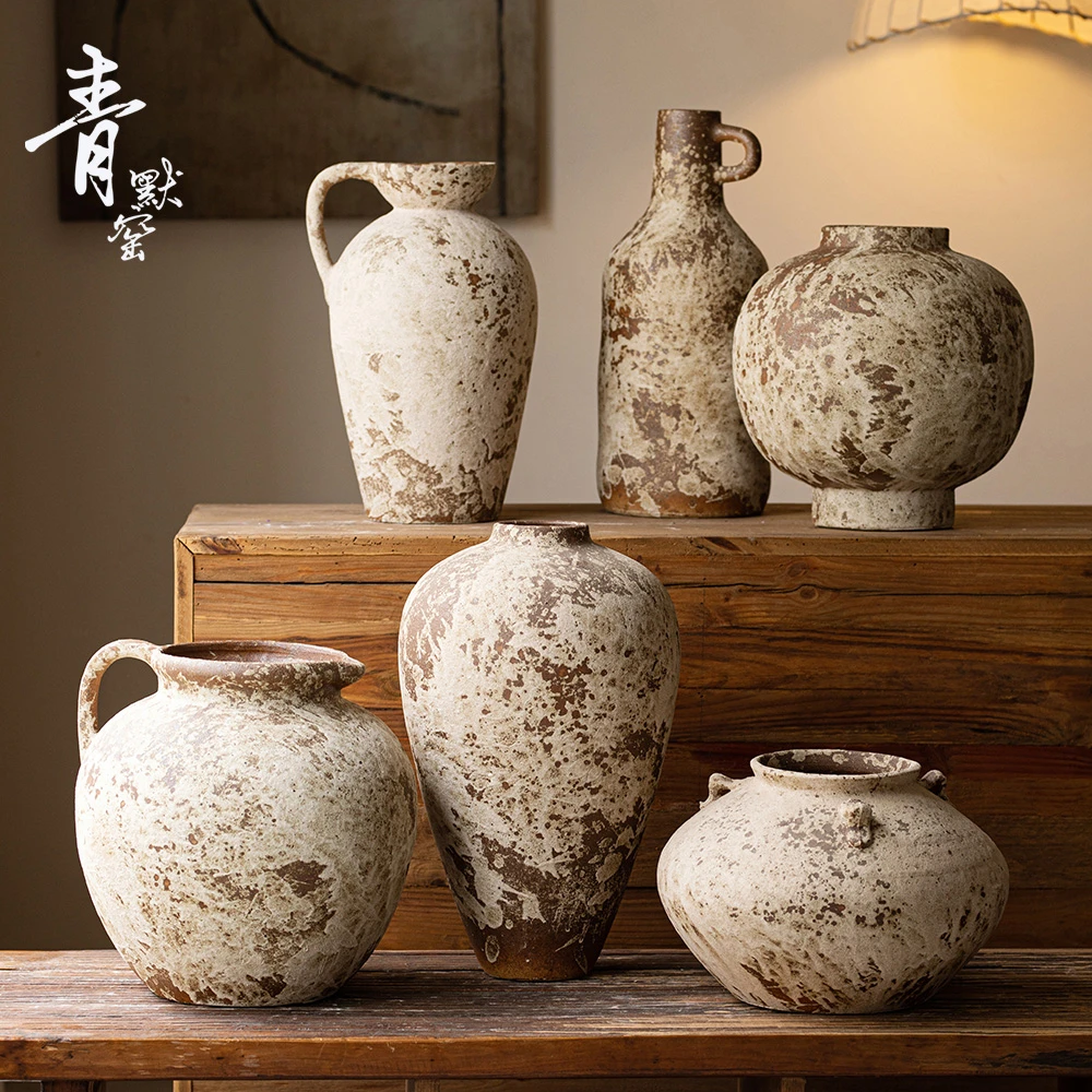 侘寂风粗陶花瓶新中式民宿客厅玄关禅意复古插干花花器秋意浓陶罐