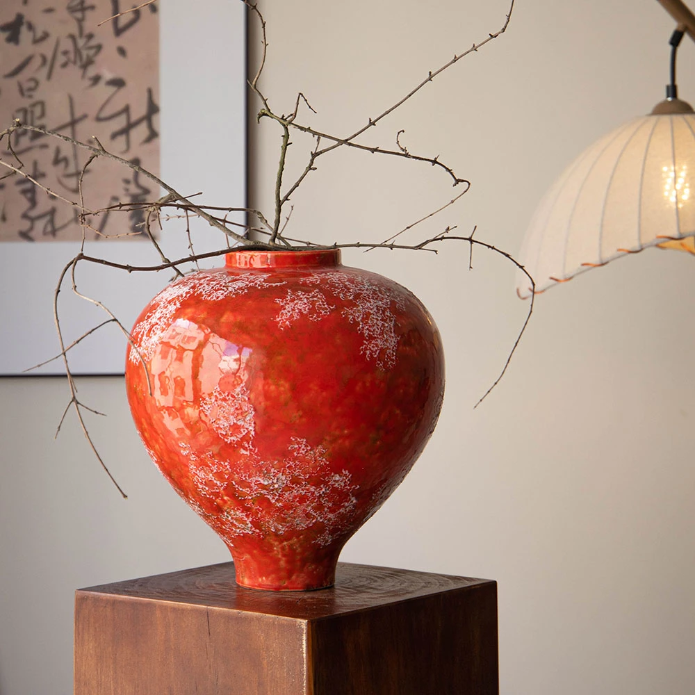 景德镇轻奢复古花瓶侘寂风红色国风干花水培插花瓶客厅样板间陶罐