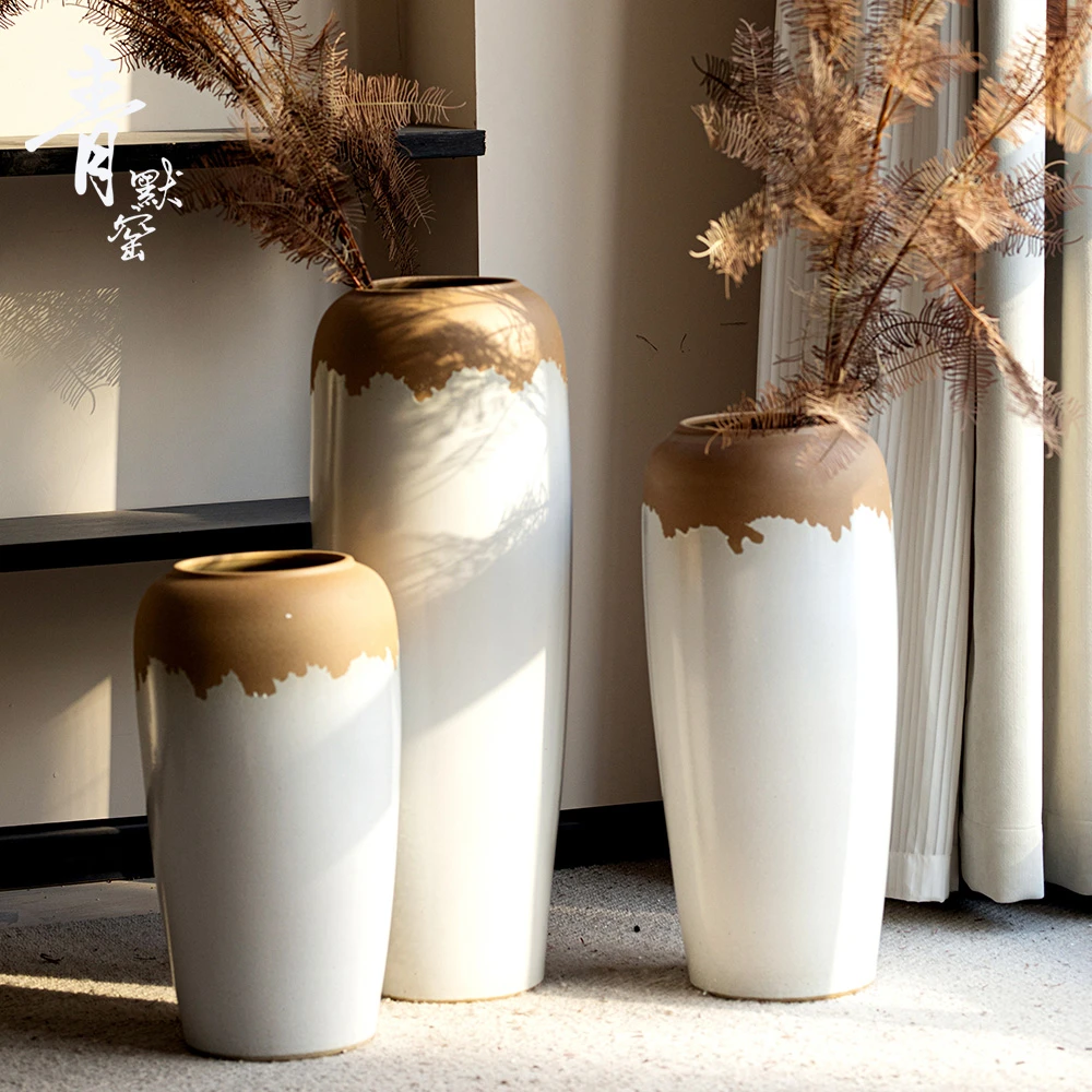 现代简约落地大花瓶客厅玄关纯手工粗陶插花花器侘寂陶瓷摆件柏林
