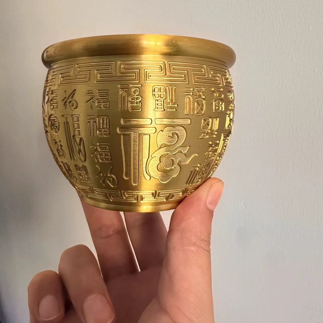 新款12cm精雕大号百福缸手工雕刻带金蟾米缸摆件零钱缸装饰工艺品
