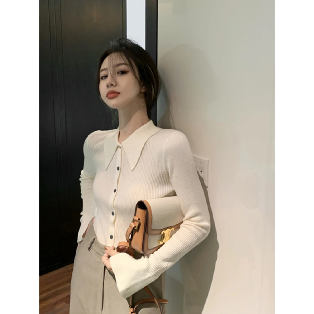 白色针织打底衫女内搭洋气秋冬疏离感修身显瘦长袖polo领别致上衣