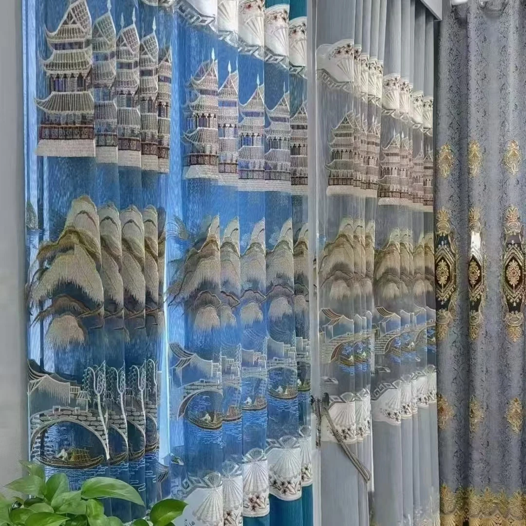 3.2米加高窗帘雪尼尔大镂空刺绣山水高端大气上档次客厅落地窗