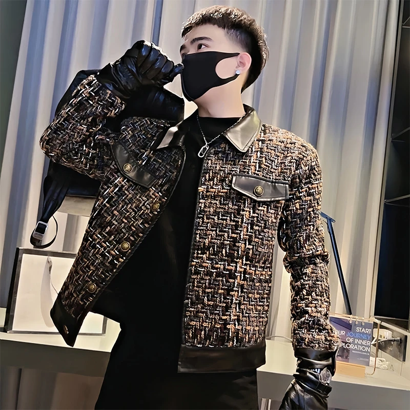 新款春秋季皮衣拼接夹克外套男高级感编织纹轻奢男装上衣短款褂子