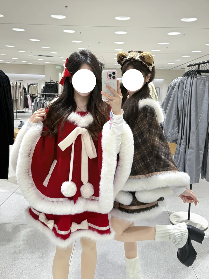 桔梗house绒绒雪【现货】秋冬可爱甜美毛边连帽斗篷少女蓬蓬短裙