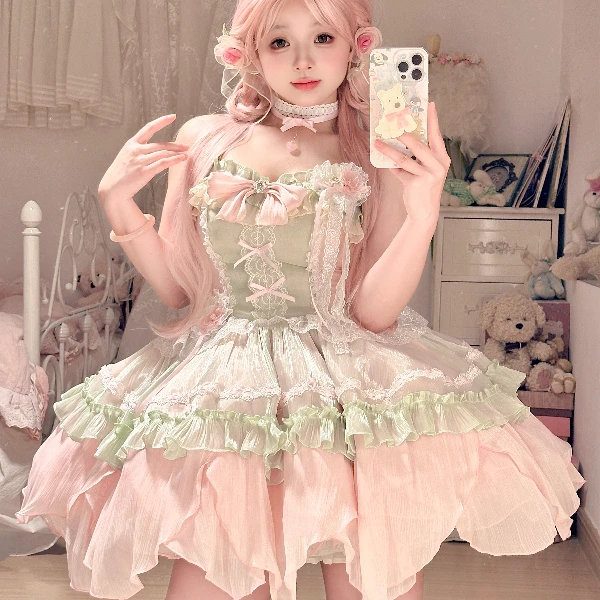 桔梗house现货花涧舞夏日花园感粉绿少女芭蕾风花瓣长短裙轻洋装