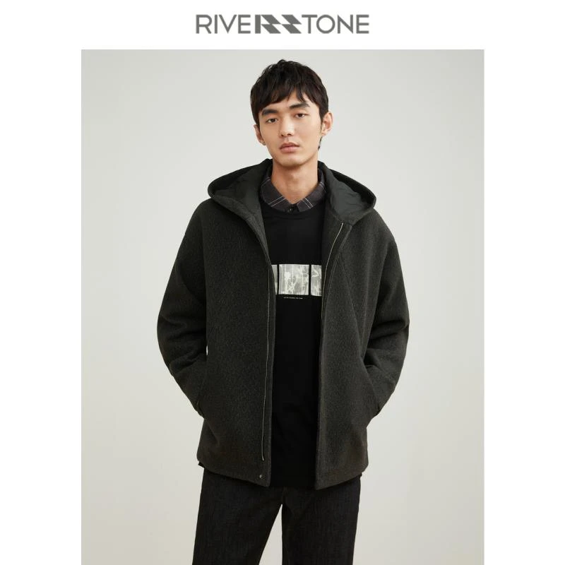 Riverstone流石男装冬装高端连帽呢子外套冬季宽松保暖加厚大衣潮