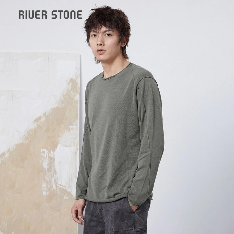 Riverstone流石男装纯色针织衫男2024春秋新款舒适时尚百搭打底