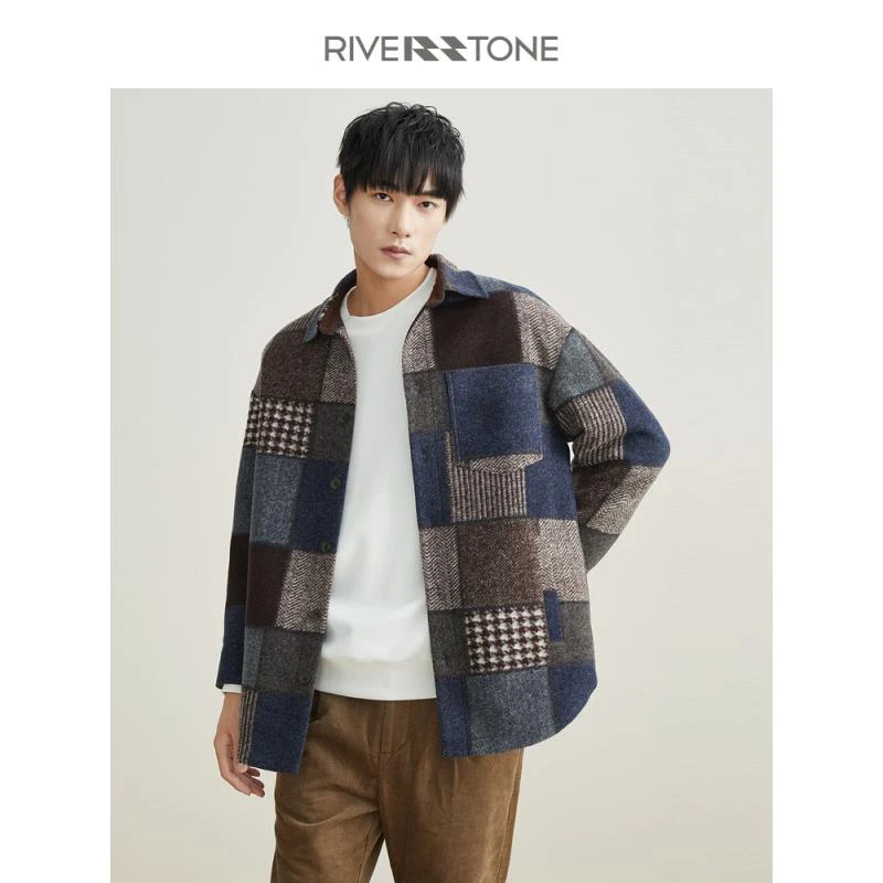 Riverstone流石男装随机排列格子大码阔版保暖毛呢外套秋冬男士
