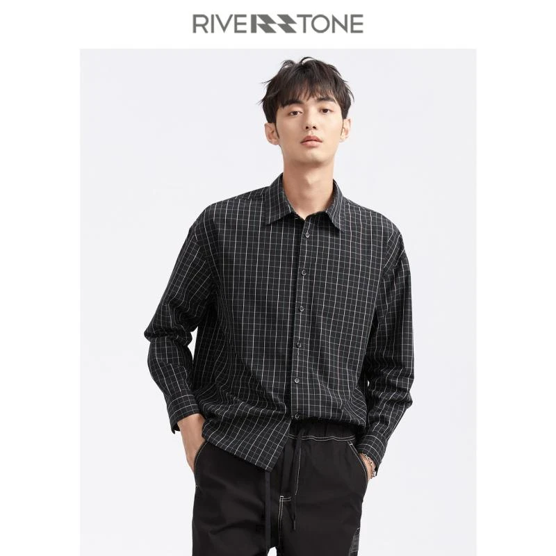 Riverstone流石男装个性撞色格纹衬衫2023新款设计感纯棉