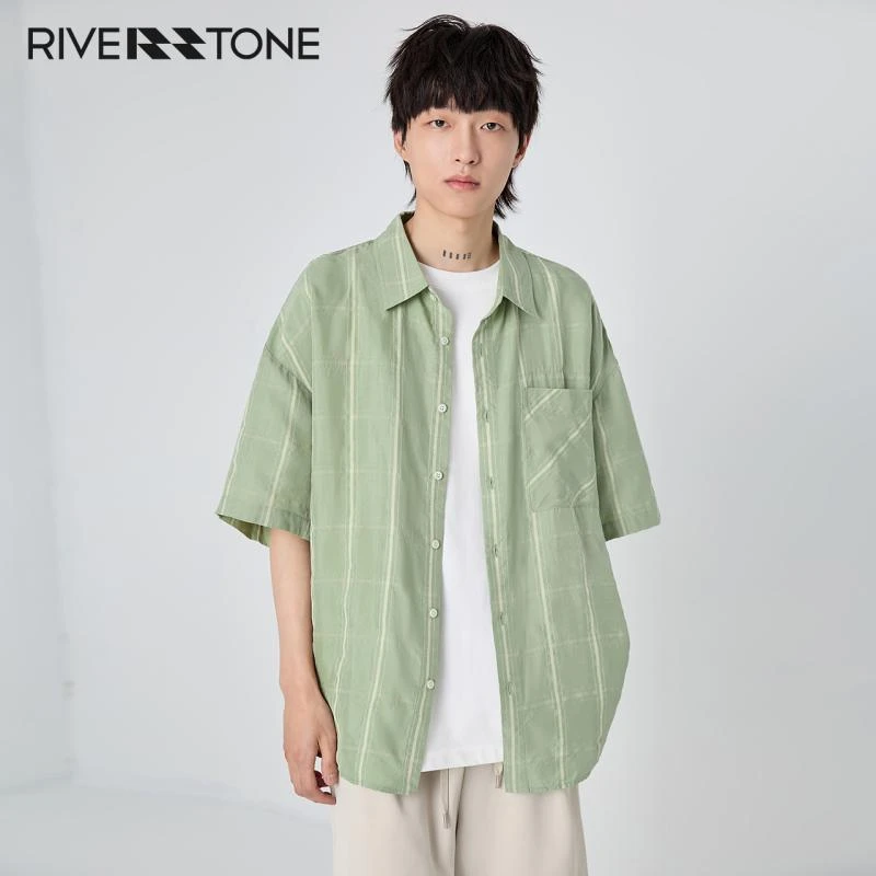 RS流石男装透气凉感潮流短袖衬衫格子新款夏季简洁百搭格纹衬衣男